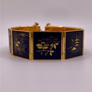 Vintage Japanese Shakudo Damascene Pagoda Asian Scenes Panel Bracelet